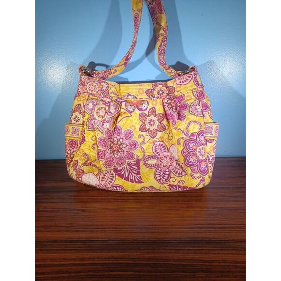 Vera Bradley Embroidered Quilted Women Floral Shoulder Bag Pink Yellow - Picture 3 of 13